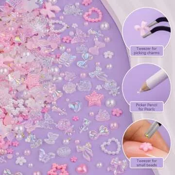 150 PCS 3D Nail Charms Butterfly Bow Star Heart Bear Shiny Jewels with 3D Flowers and Flat Pearls, Over 400 PCS Cute Charms in Total with Pickup Tools for Nail Art Decoration(Clear AB&Pink)