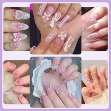 150 PCS 3D Nail Charms Butterfly Bow Star Heart Bear Shiny Jewels with 3D Flowers and Flat Pearls, Over 400 PCS Cute Charms in Total with Pickup Tools for Nail Art Decoration(Clear AB&Pink)