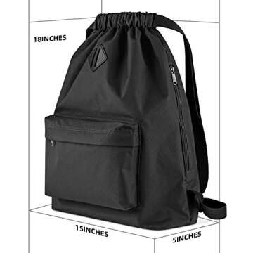 Vorspack Drawstring Backpack Water Resistant String Bag Cinch Bag Sports Gym Sack with Side Pocket for Men Women - Black