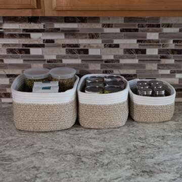 Home-Complete 3-Piece Storage Basket Set - Small, Medium, and Large Rope Baskets for Makeup, Towel, Nursery, Office and Classroom Storage (Natural)