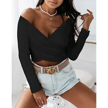 Trendy VETIOR Black Long Sleeve Crop Top for Women