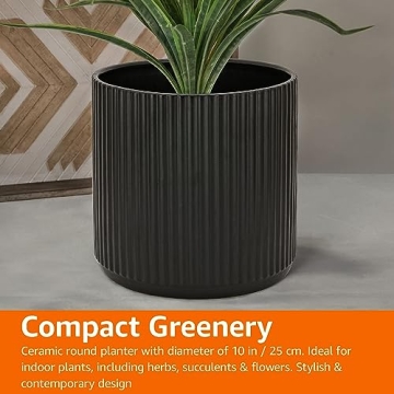 Amazon Basics Fluted Ceramic Round Planter - 10 Inch Elegance
