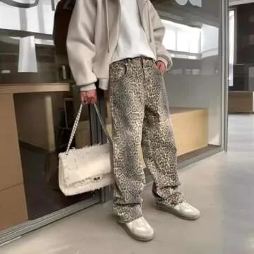 YELLOOP Leopard Print Jeans Y2k Jeans Leopard Jeans Grunge Y2k Pants Womens Baggy Jeans 2000s Leopard Pants (Light,XXL,XX-Large)