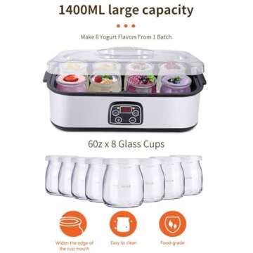 Generic Probiotic Yogurt Maker, 1400ML Electric Yogurt Maker Machine, Adjustable Temperature & Time Control, Yogurt Jar with 8 Lids, Silver, Black