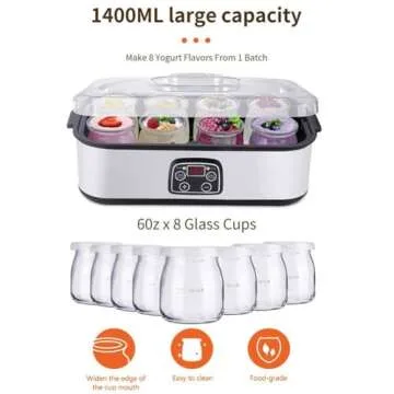 Generic Probiotic Yogurt Maker, 1400ML Electric Yogurt Maker Machine, Adjustable Temperature & Time Control, Yogurt Jar with 8 Lids, Silver, Black
