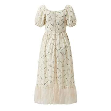 Women Vintage Lace Cottagecore Dress Short Puff Sleeve Hollow Out Floral Embroidery Dress for Casual...