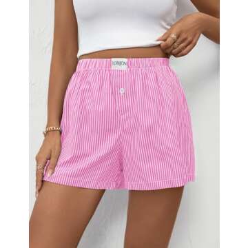 LOMON Womens Boxer Shorts Casual Summer Cotton Pajama Lounge Sleep Pj Pinstriped Shorts Y2K Striped Beach Bottoms (Pink White Pinstripe S)