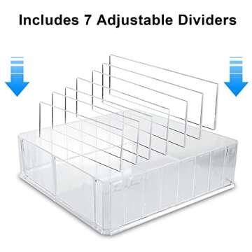 Bawuie Lid Organizer for Food Storage Container, Plastic Lid Holder with 7 Adjustable Dividers for Kitchen Pantry Cabinet and Drawer, Countertop Cupboard Lid Organization, Medium, Clear