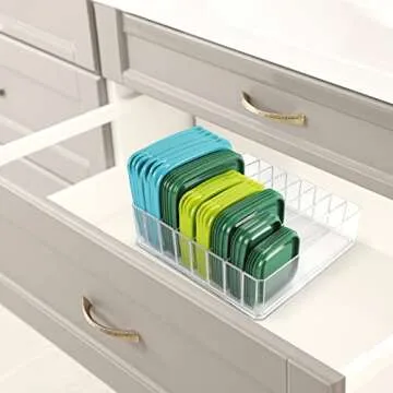 Bawuie Lid Organizer for Food Storage Container, Plastic Lid Holder with 7 Adjustable Dividers for Kitchen Pantry Cabinet and Drawer, Countertop Cupboard Lid Organization, Medium, Clear