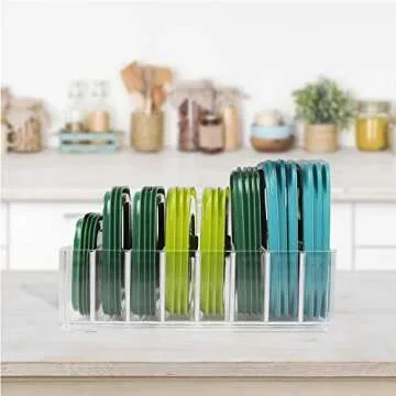 Bawuie Lid Organizer for Food Storage Container, Plastic Lid Holder with 7 Adjustable Dividers for Kitchen Pantry Cabinet and Drawer, Countertop Cupboard Lid Organization, Medium, Clear