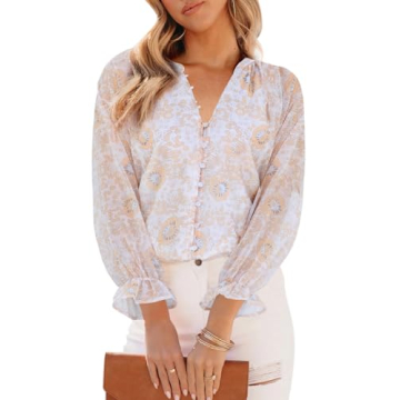 Aoudery Womens Casual Boho Floral Print V Neck Long Sleeve Blouses Button Down Shirts Dressy Chiffon...