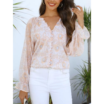 Aoudery Women's V Neck Floral Blouse - Flowy & Stylish