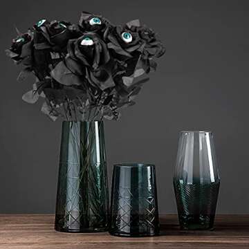 Yebazy 10 Pack Black Artificial Silk Roses Flowers with Eyeballs Fake Silk Rose Bouquets for Wedding Party Home Decorations Halloween Decoration