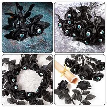 Yebazy 10 Pack Black Artificial Silk Roses Flowers with Eyeballs Fake Silk Rose Bouquets for Wedding Party Home Decorations Halloween Decoration