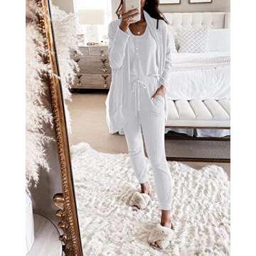 Meikulo Lounge Sets for Women Pajamas Set 3 Piece Outfits Waffle Knit Loungewear Sleeveless Henley Tank Top Vest Pajama Pants Joggers Sweatpants Long Sleeve Lightweight Cardigans White, Small