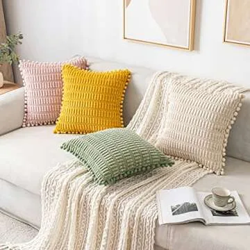 MIULEE Sage Green Corduroy Decorative Throw Pillow Covers Spring Pack of 2 Pom-pom Soft Boho Striped Pillow Covers Modern Farmhouse Home Decor for Sofa Living Room Couch Bed 16x16 Inch