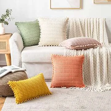 MIULEE Sage Green Corduroy Decorative Throw Pillow Covers Spring Pack of 2 Pom-pom Soft Boho Striped Pillow Covers Modern Farmhouse Home Decor for Sofa Living Room Couch Bed 16x16 Inch