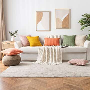 MIULEE Sage Green Corduroy Decorative Throw Pillow Covers Spring Pack of 2 Pom-pom Soft Boho Striped Pillow Covers Modern Farmhouse Home Decor for Sofa Living Room Couch Bed 16x16 Inch