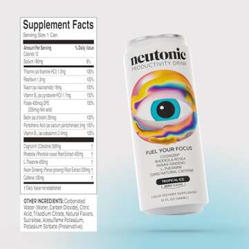 Neutonic Productivity Energy Drink, Boost Focus and Energy, Sugar Free, Science Backed Formula | 355 ML (12 cans) - Tropical Ice