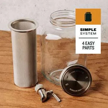 County Line Kitchen Cold Brew Coffee Maker, Mason Jar Pitcher - Heavy Duty Soda Lime Glass w/Stainless Steel Mesh Filter & Flip Cap Lid - Iced Tea & Coffee - 4 Qt (128 oz), Silver - Dispenser