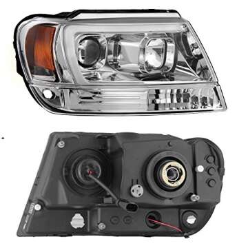 AKKON - For 1999-04 Jeep Grand Cherokee Full LED Daytime Running Lamp Bar Projector Headlights Chrome Housing Clear Lens Set