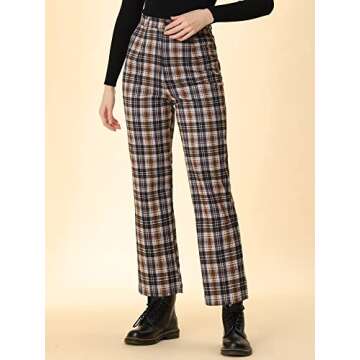 Allegra K Women's Plaid Cropped Trousers Button Casual Tartan Check Work Pants Small Brown