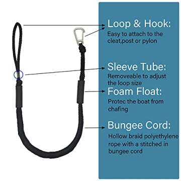 Bungee Dock Lines for Boats - Stretchable Dock Rope with Hook & Foam Float 4-5.5 ft (2 Pack)
