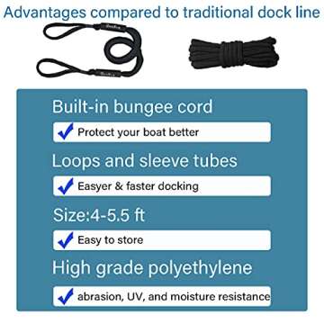 Bungee Dock Lines for Boats - Stretchable Dock Rope with Hook & Foam Float 4-5.5 ft (2 Pack)