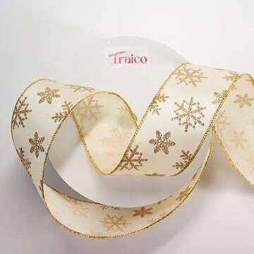 Traico Ivory with Gold Glitter Snowflake Wired Ribbon 2.5 Inch x 40 Yards (120 Ft) for Christmas Hom...