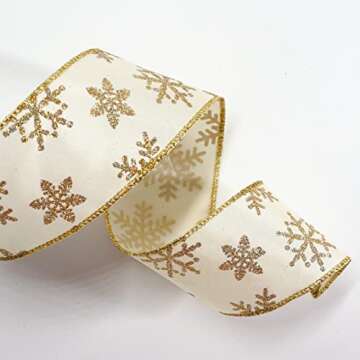 Traico Ivory with Gold Glitter Snowflake Wired Ribbon 2.5 Inch x 40 Yards (120 Ft) for Christmas Home Decor Gift Wrapping Bow Making Wreath DIY Crafts