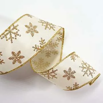 Traico Ivory with Gold Glitter Snowflake Wired Ribbon 2.5 Inch x 40 Yards (120 Ft) for Christmas Home Decor Gift Wrapping Bow Making Wreath DIY Crafts