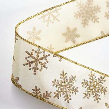 Traico Ivory with Gold Glitter Snowflake Wired Ribbon 2.5 Inch x 40 Yards (120 Ft) for Christmas Home Decor Gift Wrapping Bow Making Wreath DIY Crafts