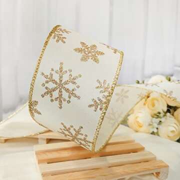 Traico Ivory with Gold Glitter Snowflake Wired Ribbon 2.5 Inch x 40 Yards (120 Ft) for Christmas Home Decor Gift Wrapping Bow Making Wreath DIY Crafts