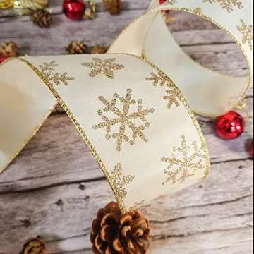 Traico Ivory with Gold Glitter Snowflake Wired Ribbon 2.5 Inch x 40 Yards (120 Ft) for Christmas Home Decor Gift Wrapping Bow Making Wreath DIY Crafts