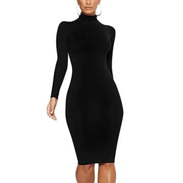 Women's Casual Long Sleeve Bodycon Sexy Turtleneck Midi Club Party Pencil Dresses