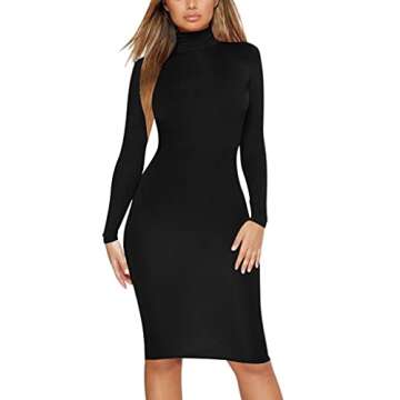 Women's Casual Long Sleeve Bodycon Sexy Turtleneck Midi Club Party Pencil Dresses