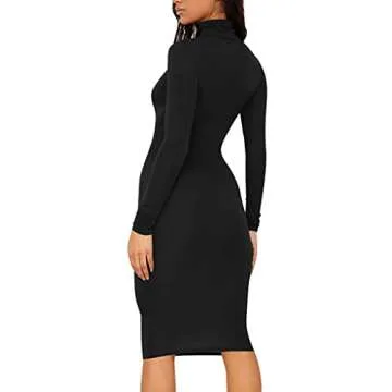 Women's Casual Long Sleeve Bodycon Sexy Turtleneck Midi Club Party Pencil Dresses