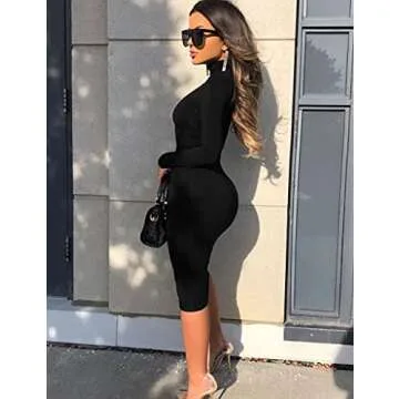 Women's Casual Long Sleeve Bodycon Sexy Turtleneck Midi Club Party Pencil Dresses