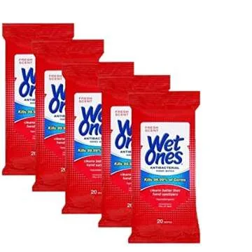 Wet Ones Wipes for Hands & Face, 20 Count Travel Pack (Pack of 5) - 100 Wipes Total (Anti Bacterial)