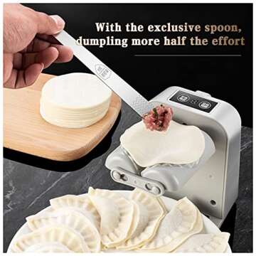 Automatic Electric Dumpling Press Maker Machine - Adjustable and Easy to Operate, With Spoon and Brush - For Home Kitchen Pastry Making (White)