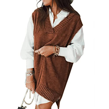 EVALESS Oversized Sweater Vest for Women Sexy Casual Sleeveless V Neck Knitted Sweaters Fall Irregul...