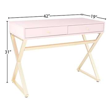 Acme Coleen Wooden Top Writing Desk with 2 Drawers in Pink and Gold