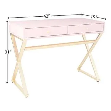 Acme Coleen Wooden Top Writing Desk with 2 Drawers in Pink and Gold