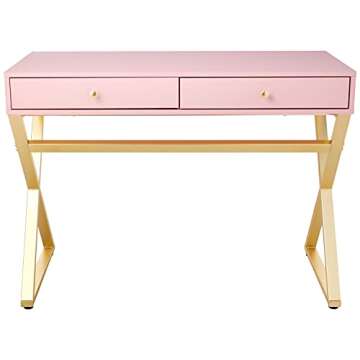 Acme Coleen Wooden Top Writing Desk with 2 Drawers in Pink and Gold