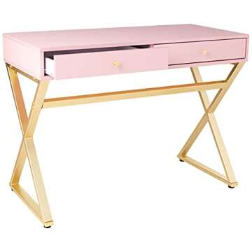 Acme Coleen Wooden Top Writing Desk with 2 Drawers in Pink and Gold