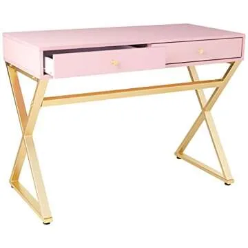Acme Coleen Wooden Top Writing Desk with 2 Drawers in Pink and Gold