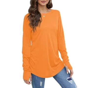 Fisoew Women's Casual Long Sleeve Tops Crew Neck Round Hem Loose T-Shirts Tunic Tops with Thumb Holes Orange