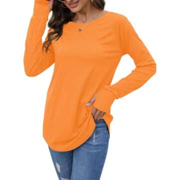 Fisoew Women's Casual Long Sleeve Tops Crew Neck Round Hem Loose T-Shirts Tunic Tops with Thumb Holes Orange