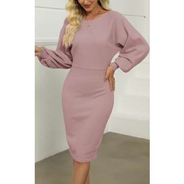 MIROL Women's Casual 2023 Long Puff Sleeve Solid Bodycon Midi Dress Ribbed Knit Oversized Pullover Sweater Dress Purple