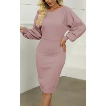 MIROL Women's Casual 2023 Long Puff Sleeve Solid Bodycon Midi Dress Ribbed Knit Oversized Pullover Sweater Dress Purple